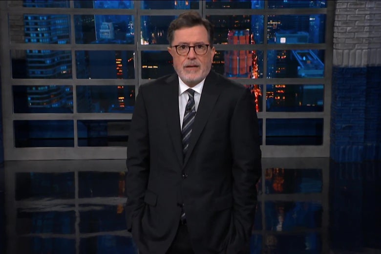 Host Stephen Colbert, delivering a monologue.